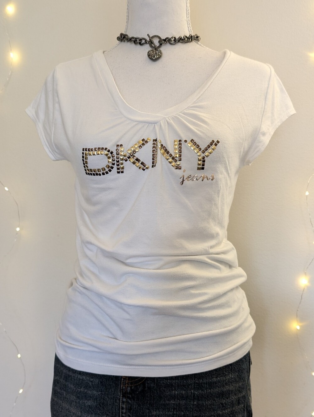DKNY White Studded Logo Tee - Women's Short Sleeve Top